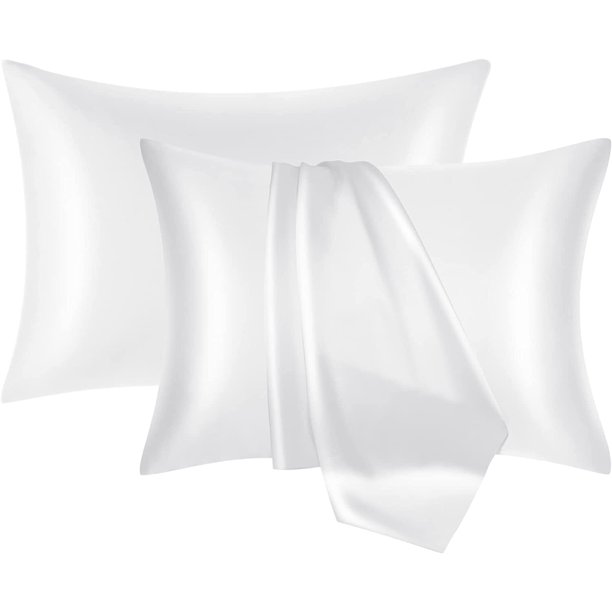Satin Silk Pillowcase for Hair and Skin, White Pillow Cases Standard Size Set of 2 Pack Super