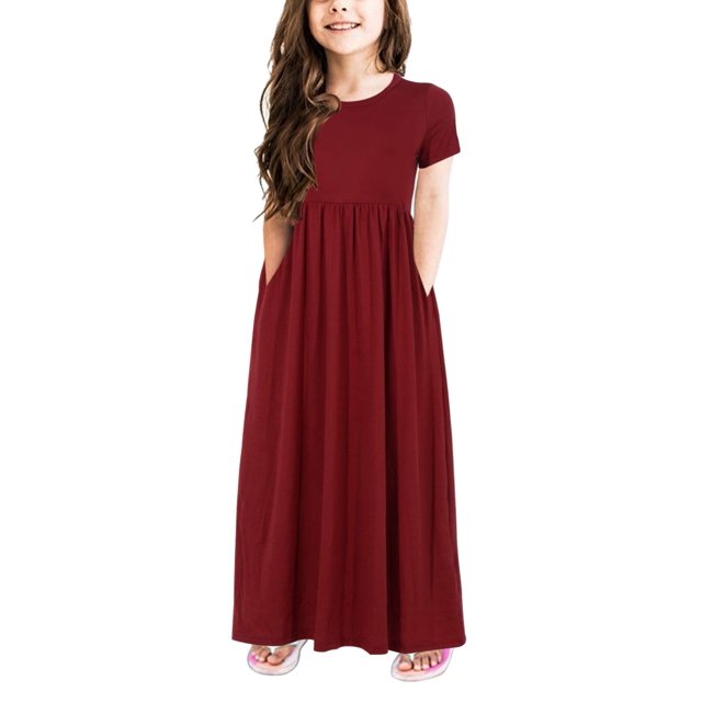 GorLYA Vestido largo largo de fiesta informal suelto con estampado floral de manga corta para niñas con bolsillos (8 años de altura: 130 cm, color rojo)