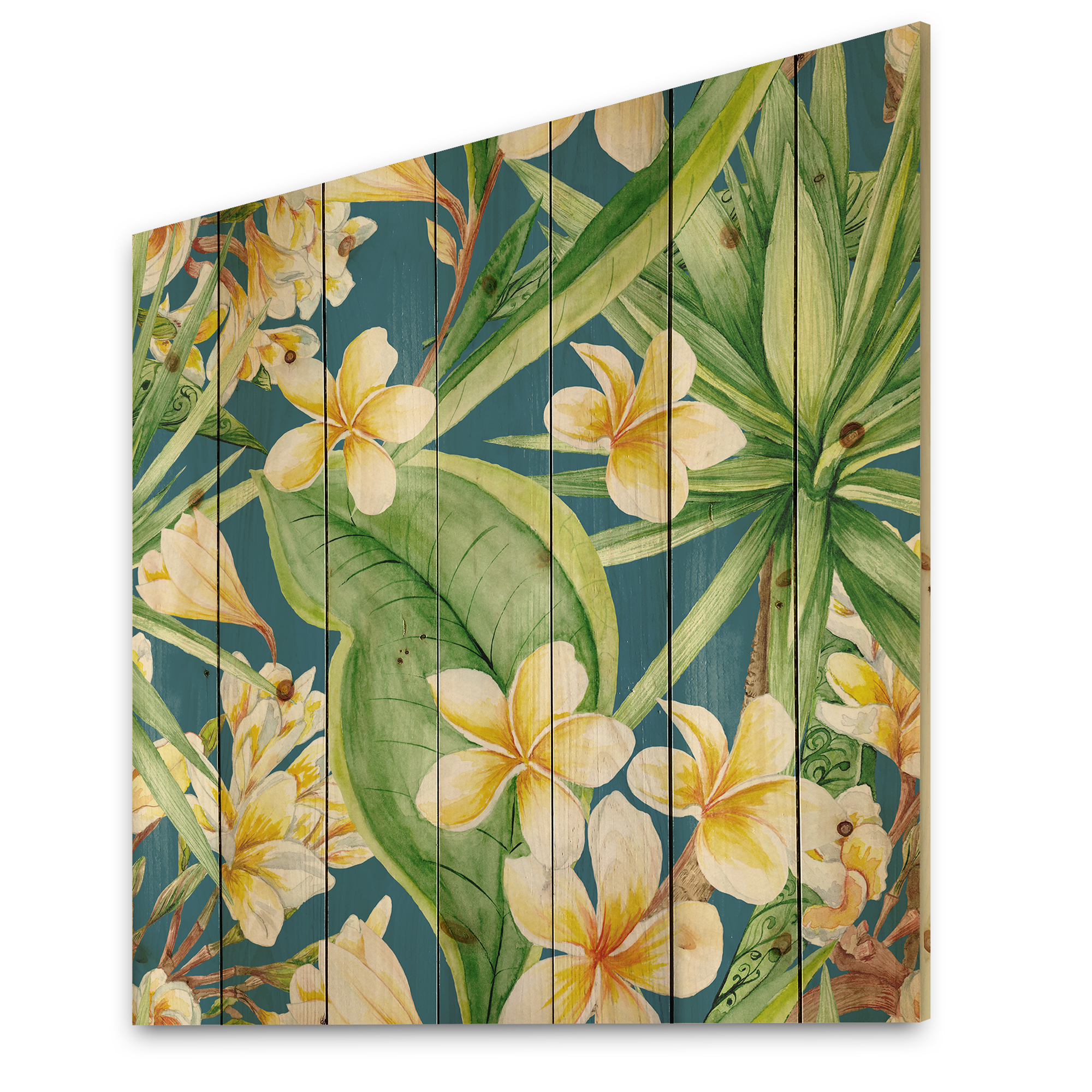 Designart 'Yellow Flowers and Tropical Foliage XV' Modern Print on Natural Pine Wood