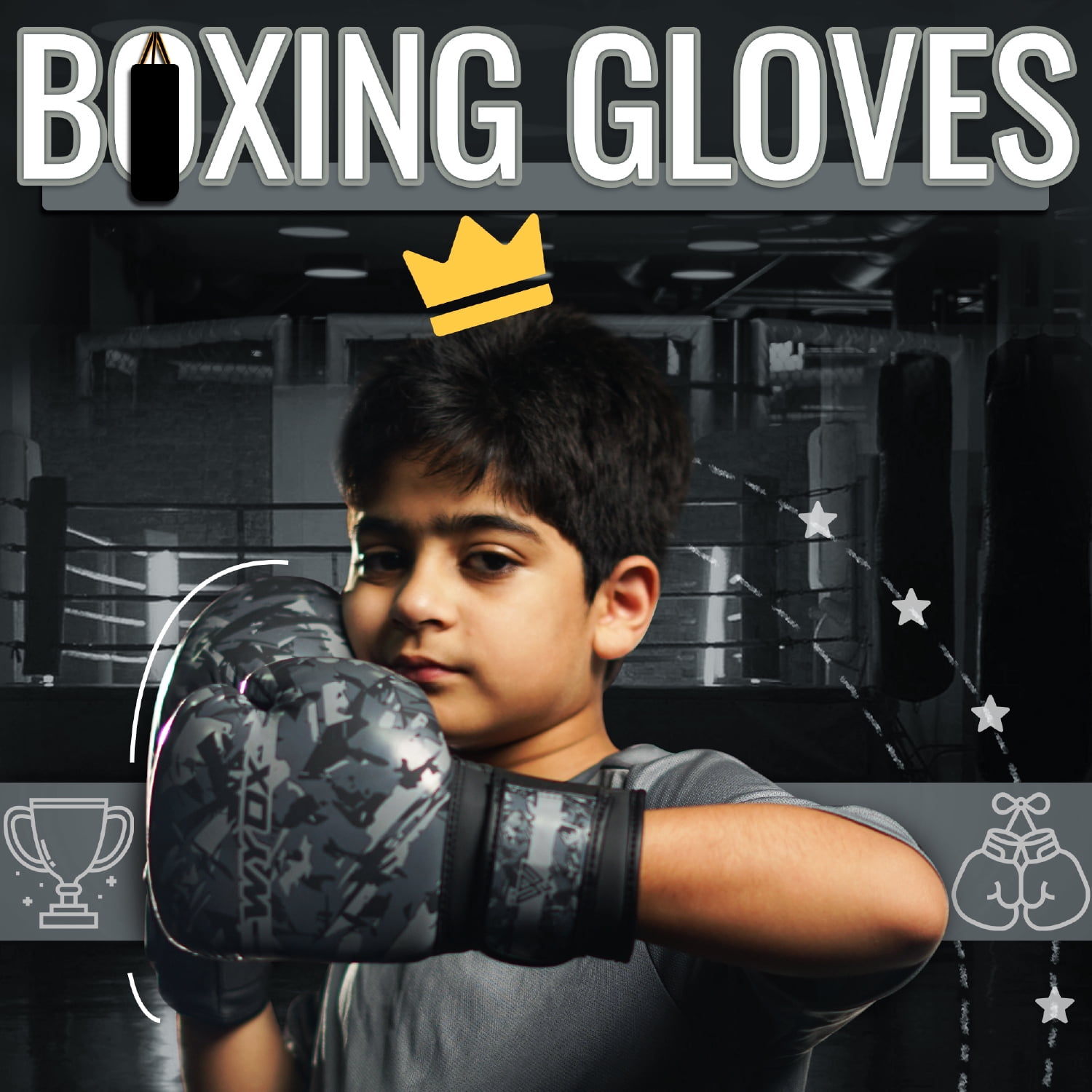 WYOX 8oz Kids Boxing Gloves – Grey Camo | Punching, Strength Training, Martial Arts, Muay Thai, Youth Sparring Gloves