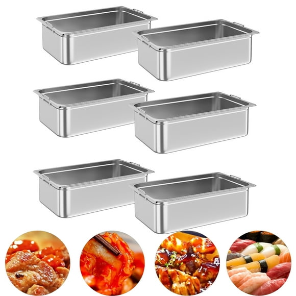 Aoile Full Size Hotel Pan, 6" Deep Commercial Stainless Steel Steam Table Pan with Handle, NSF Certified (6 Pack)