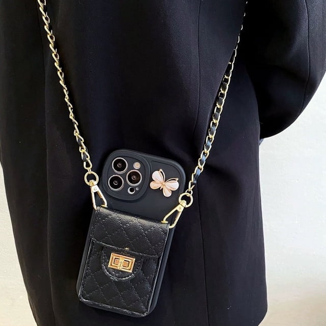 Funda para teléfono Apple 15 con estilo rombo Chanel, tarjetero, bandolera para iPhone 14, funda blanda de silicona para Promax 13