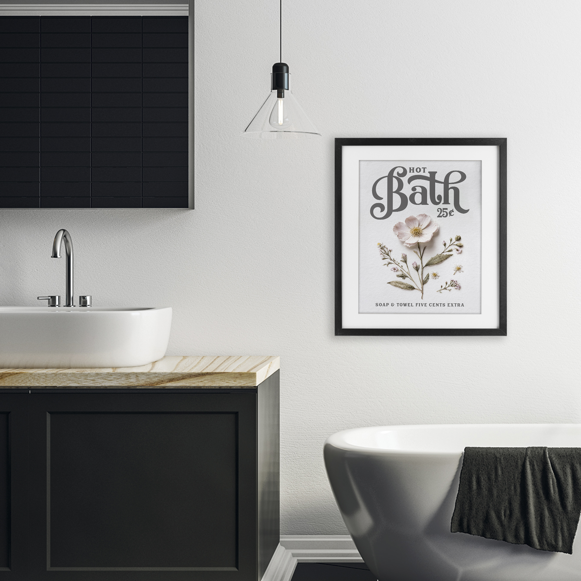 Pressed Flower Vintage Bath Black Framed Print Under Glass, design by Lettered and Lined