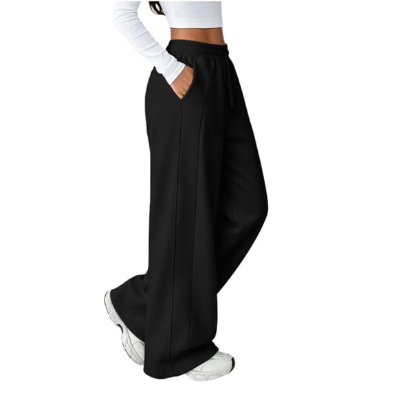 Women's Fleece Lined Sweatpants Wide Leg Elastic Waist Trouser Fall Casual Workout Going Out Pants With Drawstring & Pockets