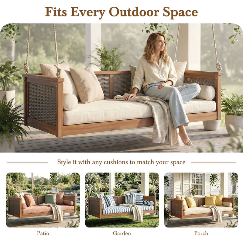 Porch Daybed Swing Outdoor Wooden Swing Bench, Patio Hanging Chair Swinging Bed with Long Ropes for Garden, Backyard, Deck