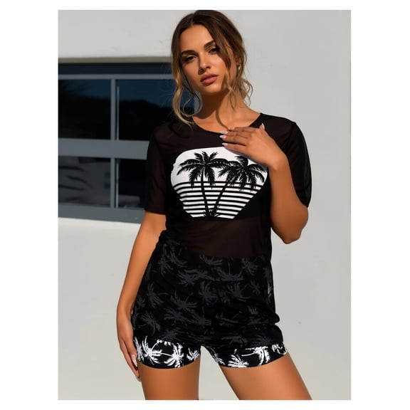 Women's 3 Piece Swimsuit Tree Print High Waisted Bikini Bathing Suit with Mesh T-Shirt Cover Up and Short