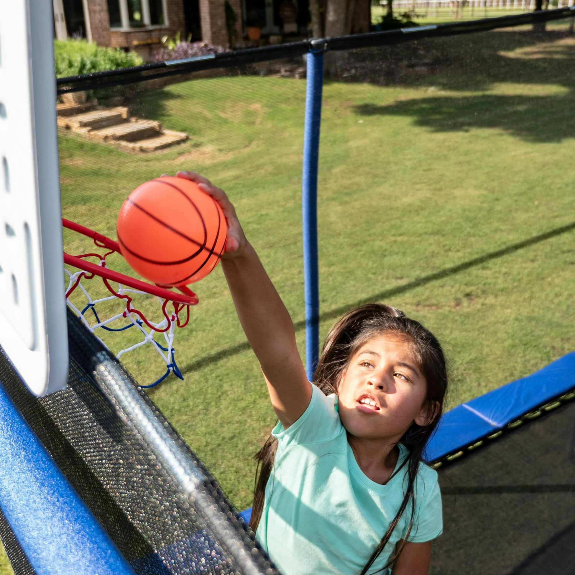 Jumpking 10' x 15' Rectangular Trampoline with 2 Basketball Hoops, Footstep Blue and Yellow Combo