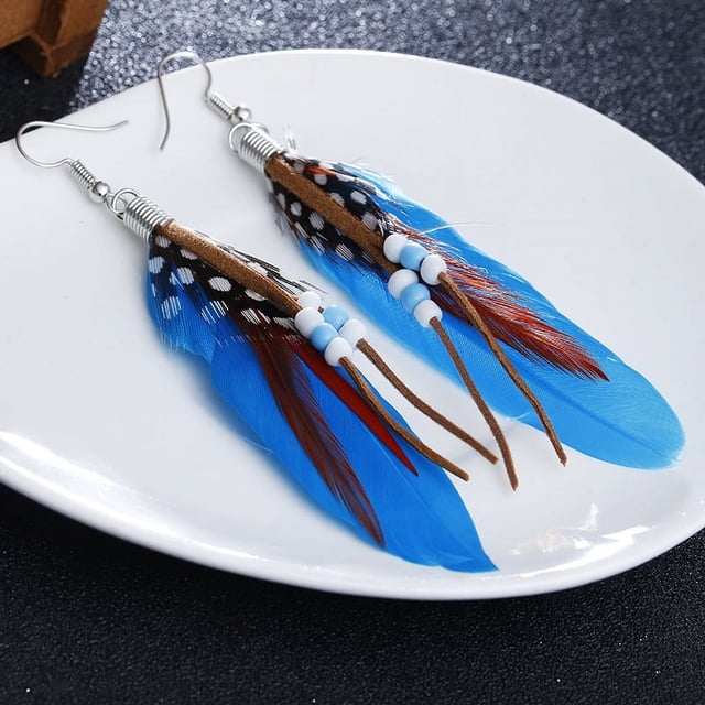 Accesorios de moda, pendientes de plumas para mujer, pendientes de plumas con borlas y cuentas bohemias