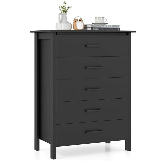 Costway Commode Moderne à 5 Tiroirs, Armoire de Rangement avec Poignées en Métal, Noir