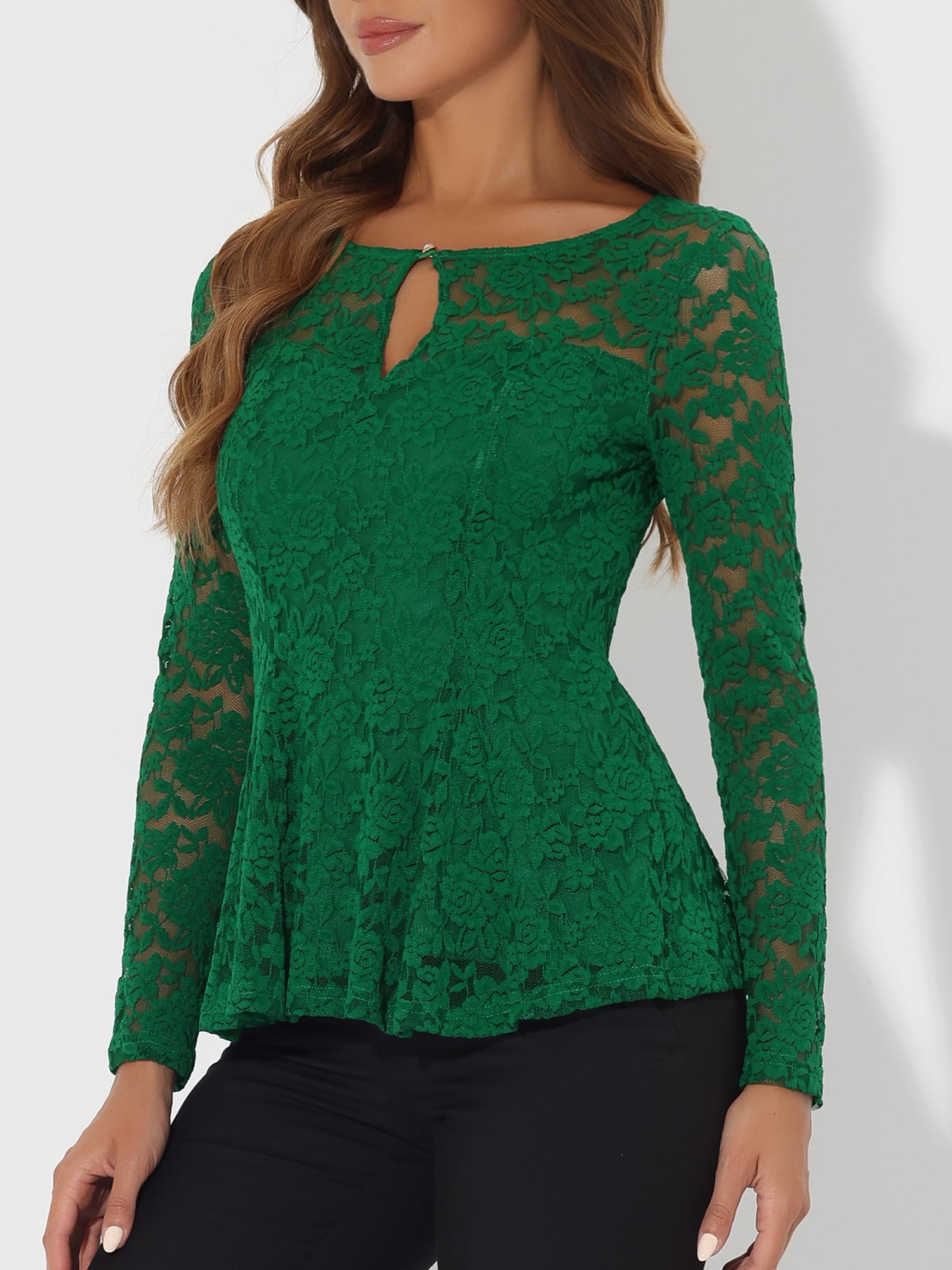 DARING DIVA Lace Peplum Tops Elegant Floral Lace Blouse M Green