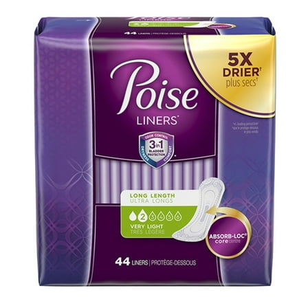 Poise Incontinence Panty Liners Very Light Absorbency Long, 44 Liners, 3 Pack