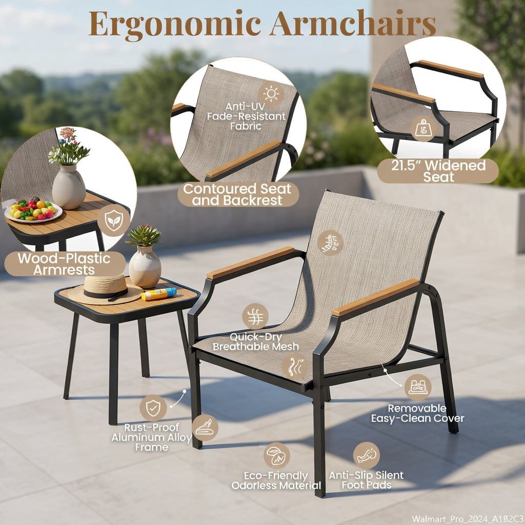 Hommoo 3-Piece Outdoor Patio Furniture Set, 2 Ergonomic Metal Chairs + Tempered Glass Coffee Table, Breathable Fabric Seats, Brown