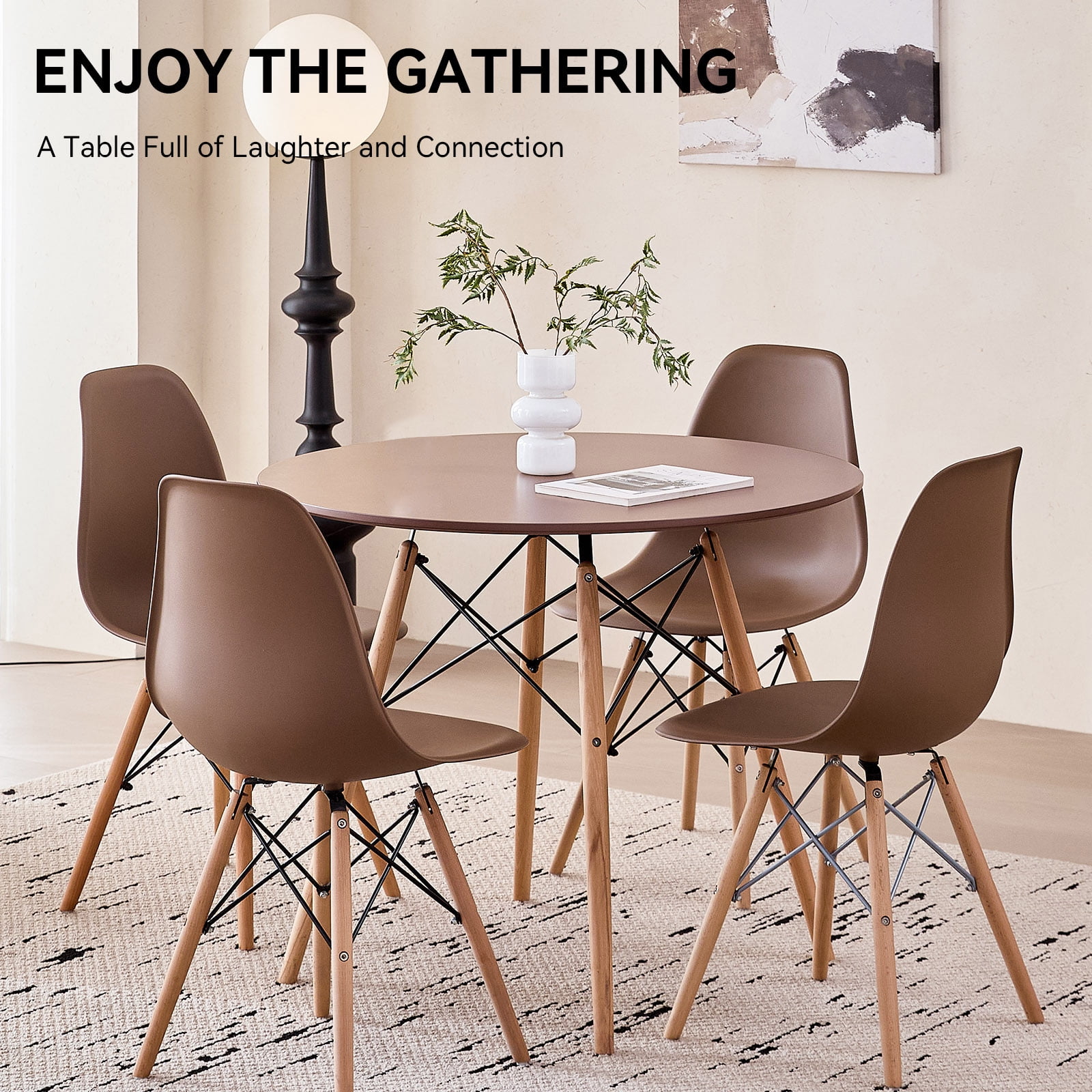 5 Piece 35.5'' Round Dining Table Set for 4, Kitchen Table & Chairs Set of 4, Mid-Century Modern Table W/ 4 Chairs for Home, Living Room, Apartment, Wood Legs, Metal Frame, Brown