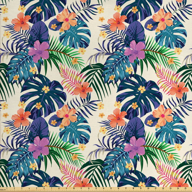Tropical Fabric by The Yard, Flowers and Leaves of Lush Exotic Plants ...