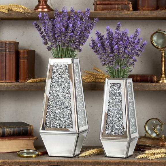 SHYFOY Set of 2 Crushed Diamond Mirrored Vases, 11.6" & 9.3" Silver Glass Table Vases for Home Decor, Modern Crystal Centerpieces for Dried Flowers, Pampas Grass (Not for Water)