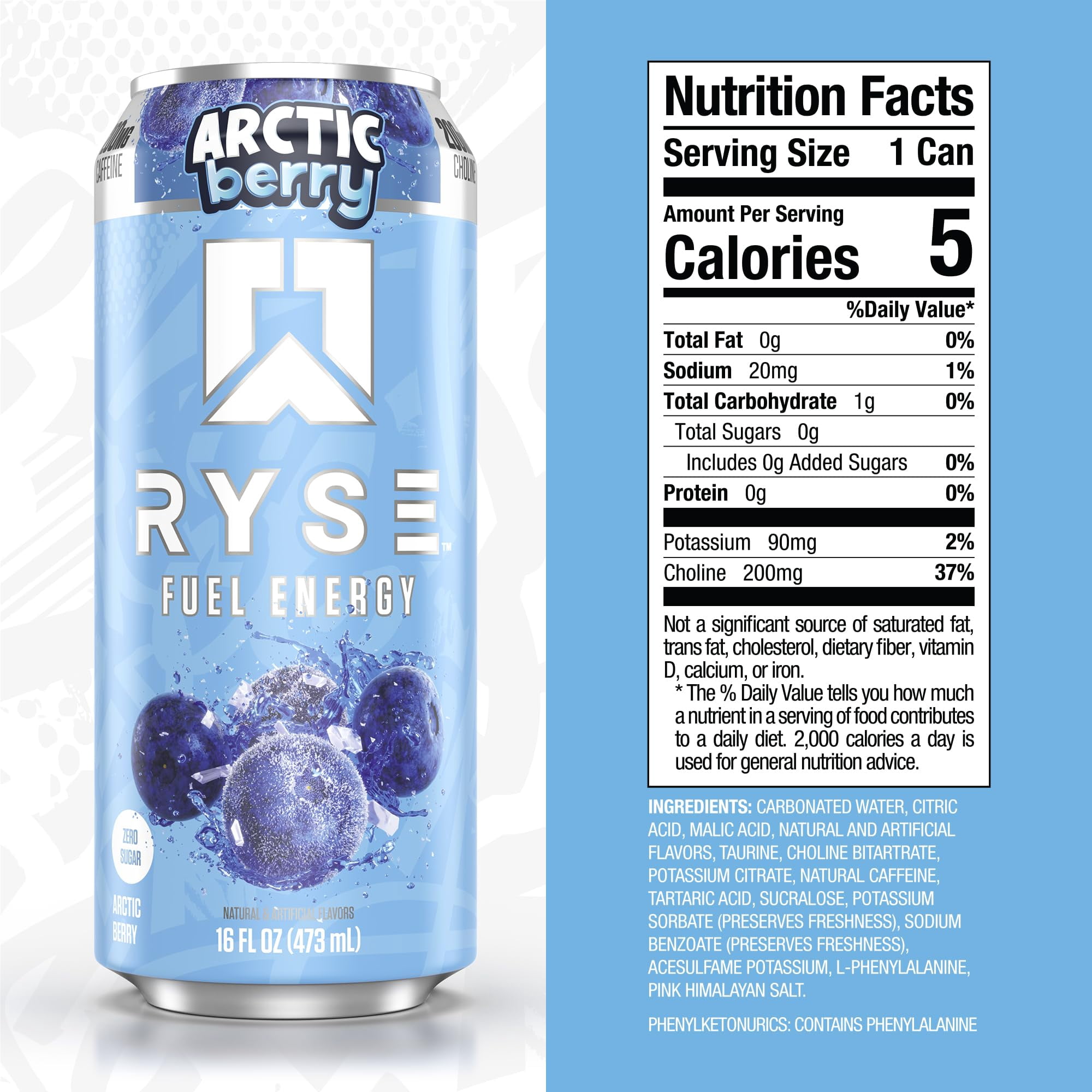 RYSE Fuel Energy Drink - Arctic Berry - Sugar Free - 16 fl oz (12-Pack)
