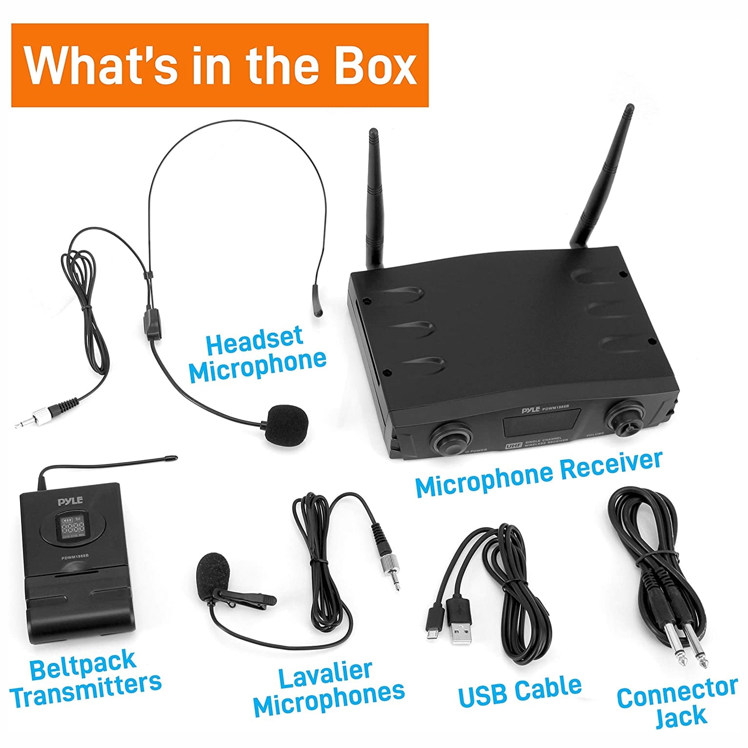 PYLE PDWM1988B - Compact UHF Pro Wireless Microphone System - USB Powered Desktop Mic Receiver System with Adjustable Volume Control, Includes Belt-Pack Transmitter, Headset Mic & Lavalier Mic (Single