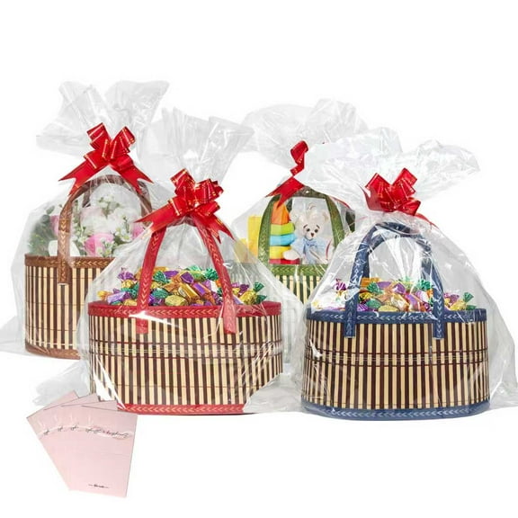 Bamboo Gift Basket Set, 4 Pack Decorative Storage Baskets with Clear Wrap Bags, Ribbon Bows, 11x7.9x6 Inches, for Wedding, Birthday, Christmas, Baby Shower (Red/Green/Blue/Brown)