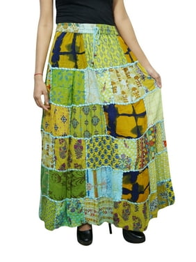 Mogul Bohemian Boho Chic Green Yellow Gypsy Patch Maxi Skirt Printed Rayon A-Line Flare Long Skirts