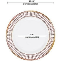 White with Red & Gold Chord Rim Plastic Dinner Plates, 10.25" Disposable Dishes, Dinnerware Bulk Order 120 pcs for Wedding, Birthday & All Occasions (10.25" Dinner Plates, White with Red & Gold)