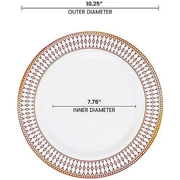 White with Red & Gold Chord Rim Plastic Dinner Plates, 10.25" Disposable Dishes, Dinnerware Bulk Order 120 pcs for Wedding, Birthday & All Occasions (10.25" Dinner Plates, White with Red & Gold)