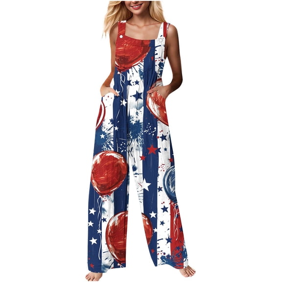 4Th of July Rompers for Women Fashion Print Sleeveless Wide Leg Jumpsuits with Pockets Summer Casual Baggy Overalls