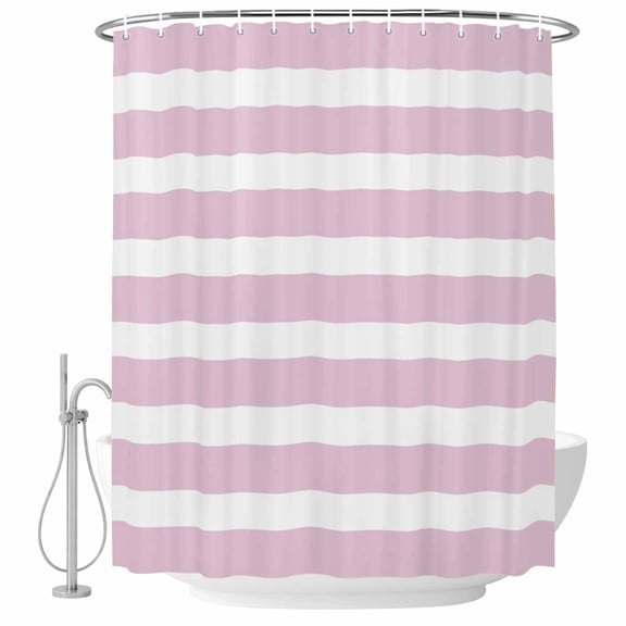 Polyester Fabric Pink Stripe Shower Curtain, Modern Simple Geometric White Striped Waterproof Bathtub Curtain Bathroom Decor Set with Hooks 72 x 96 Inches