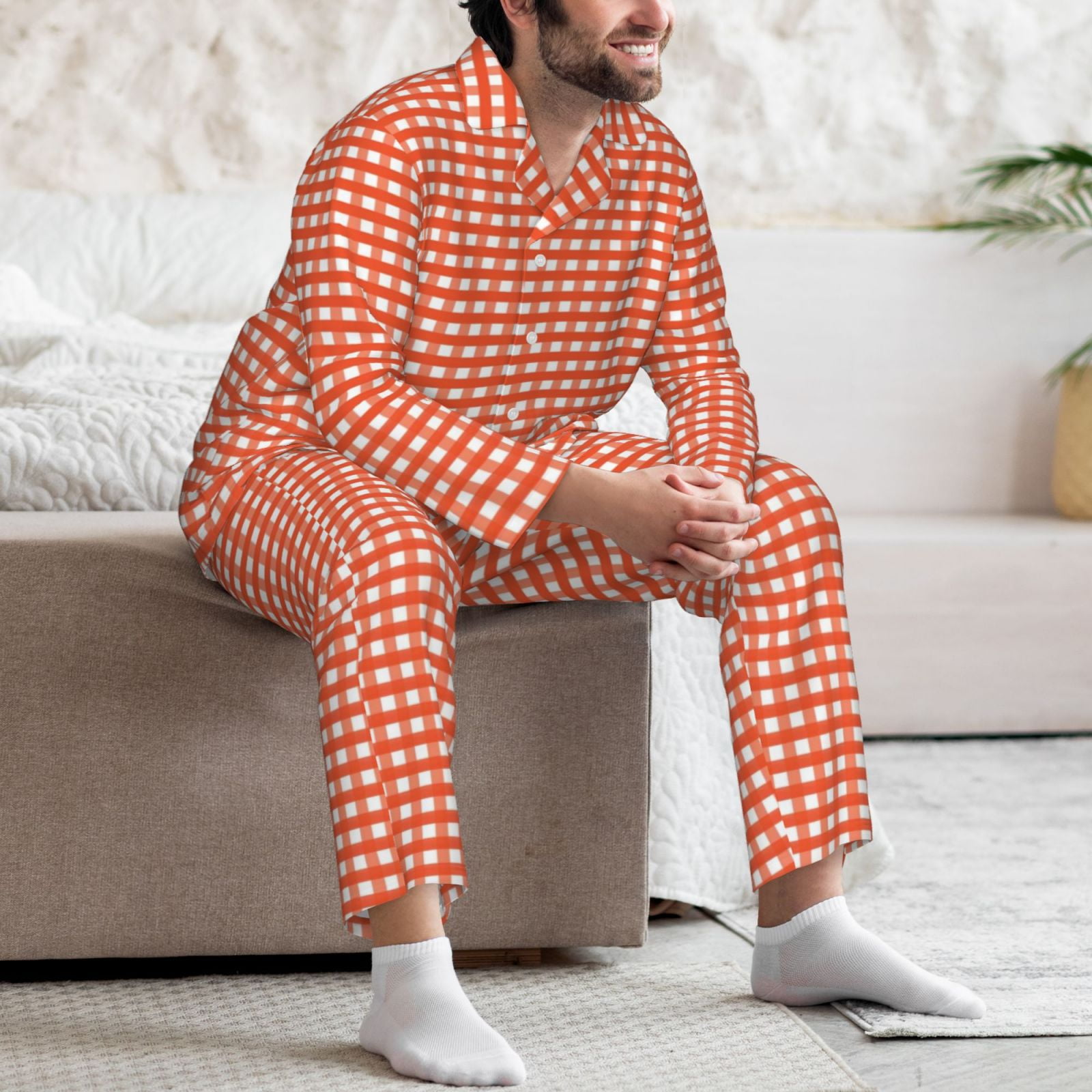福袋 公式 Gingham Orange Junzan for Set Pajama Sleeve Long Men's Clothing