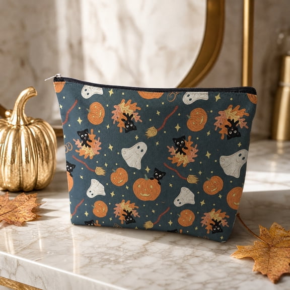 LOWLHOME Halloween Zipper Cosmetic Bag, Multi Patterns Spooky Makeup Pouch, Reusable Canvas Travel Storage Bag For Makeup Toiletries Small Accessories, 9.8*6.7 in, 1 Pack