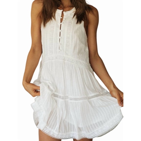 Women'S Vacation Mini Dress Lace Trim Stand Collar Button Front Flared Skirt Summer Dress White S