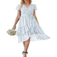 thumbnail image 1 of Femmes Boho Manches Courtes V Robe de Cou Casual Ruffle Wrap Swing Plage Sundress Été Mousseline de Soie Parti Midi Robe avec Ceinture, 1 of 5