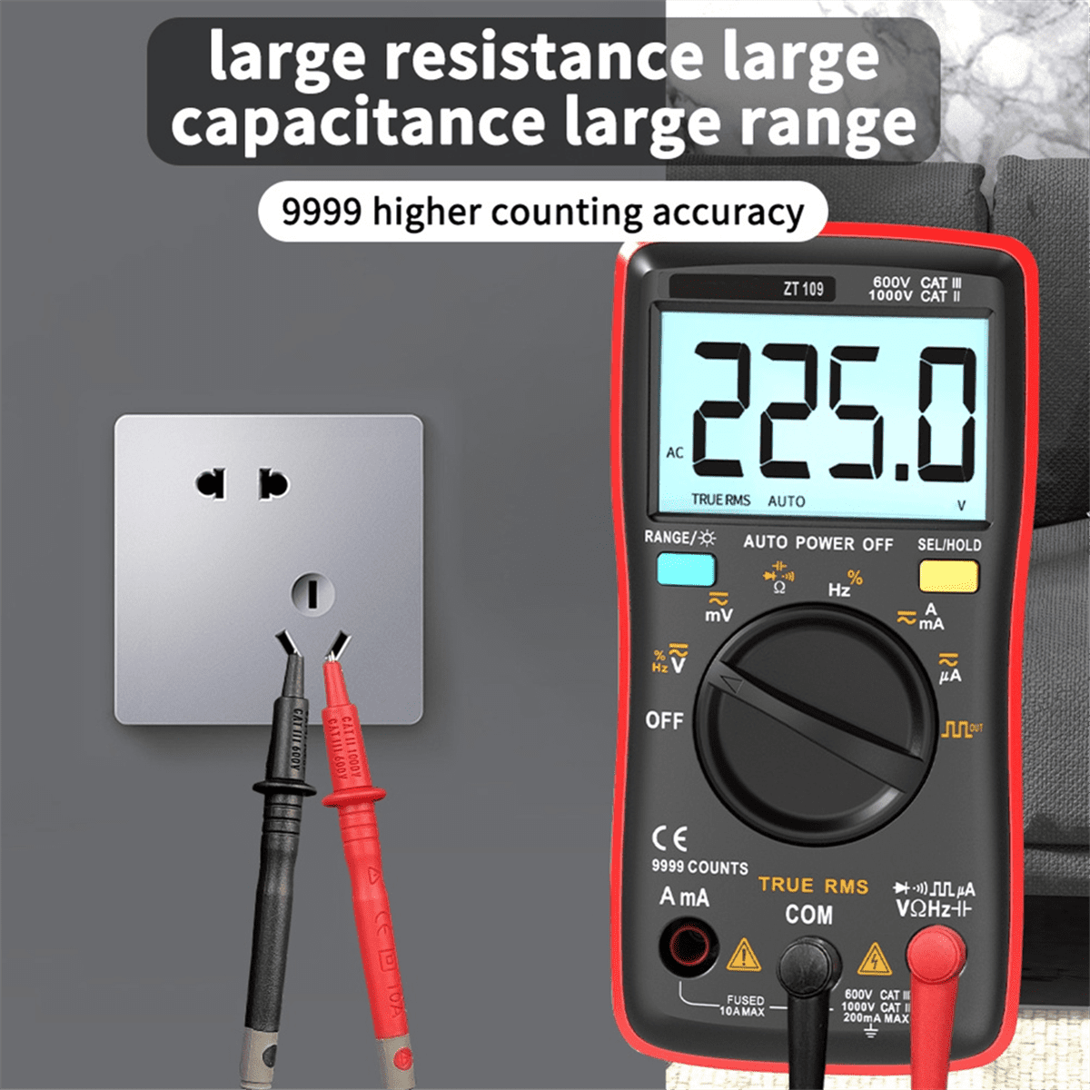 AN8009 Backlight LCD Multimeter Tester Voltmeter Meter Portable Multifunctional Intelligent Detector Red,1 * tester with accessories