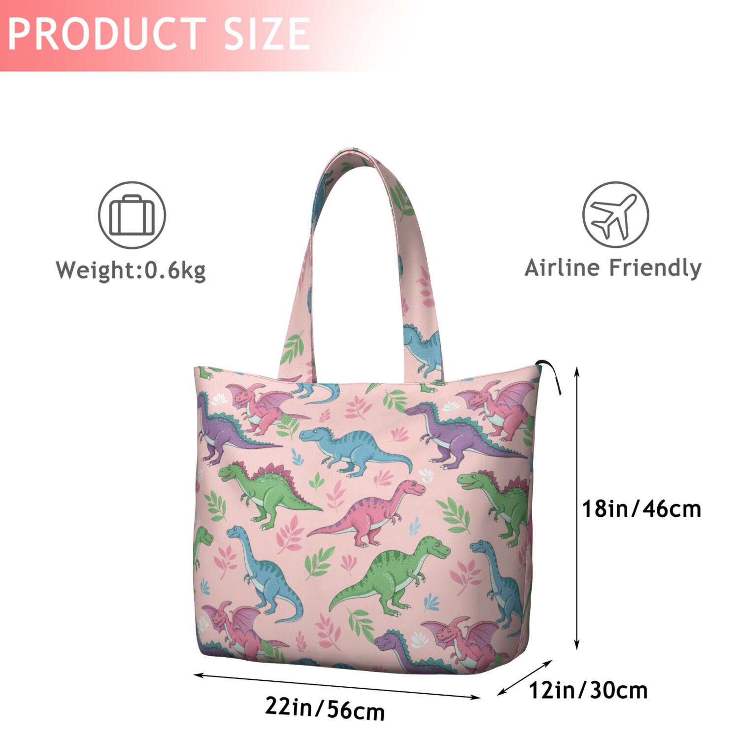 Pink Cartoon Dinosaurs Leaves Pattern Travel Tote Bags for Women Carry On,Large Weekender Bags for Women Travel,Multi Functional Duffle Bag for Work,Shopping,Sports