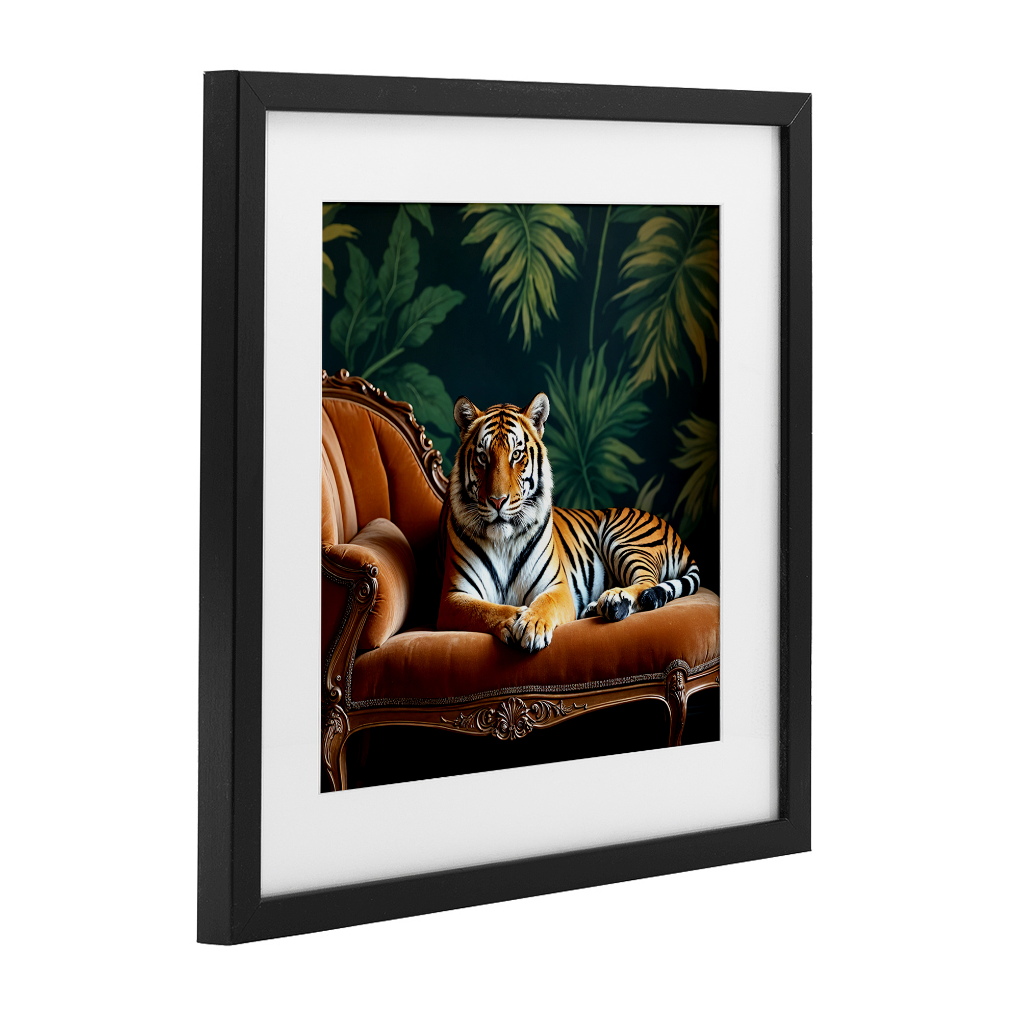 Tiger Lounging on Chaise Black Framed Print Under Glass, design by Lettered and Lined