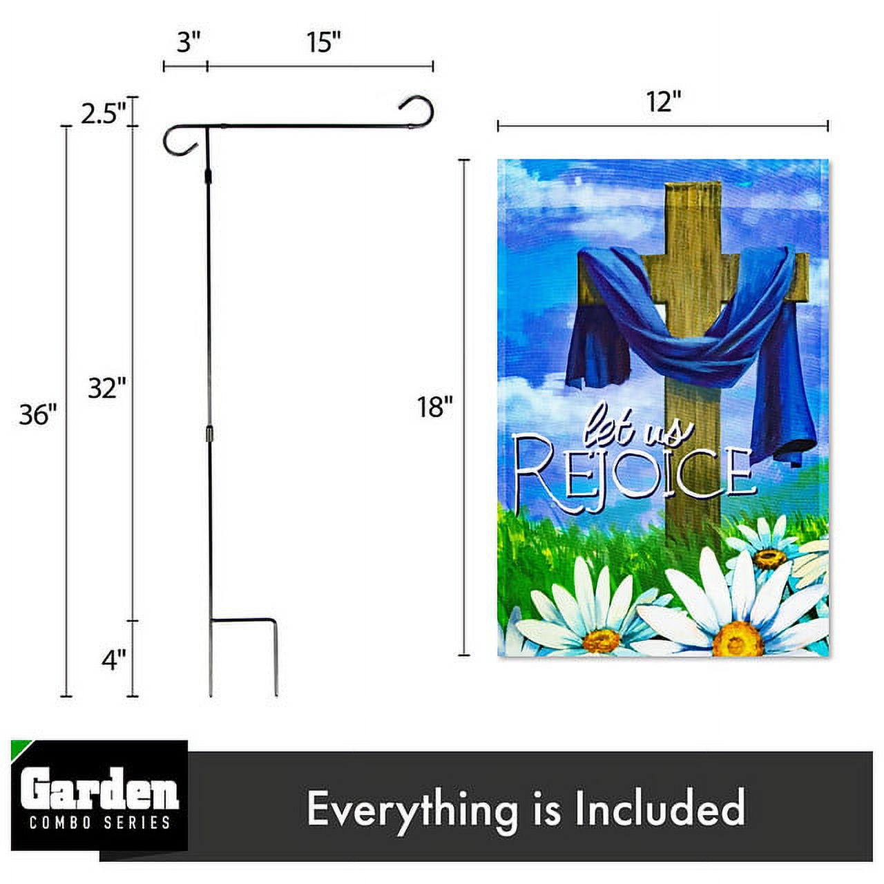 G128 2sets: 36"x16" Flag Stand Black & 12"x18" Easter Garden Flag Let Us Rejoice Easter Cross