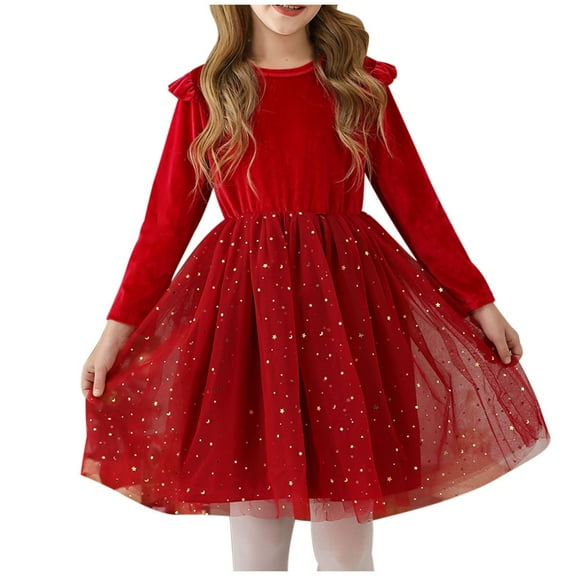 vdgthytj Girl's Velvet Tulle Dress Kids Round Neck Long Sleeve Mesh Sequins A-Line Princess Birthday Party Dress