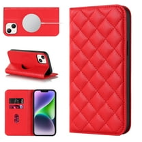 Wallet Case for iPhone 14 Plus 6.7 inch, Luxury Quilted PU Leather Flip Cover [Shockproof TPU] [Support Wireless Charging] with 2 Card Slots, Kickstand, FRID Blocking Case Cover, Red