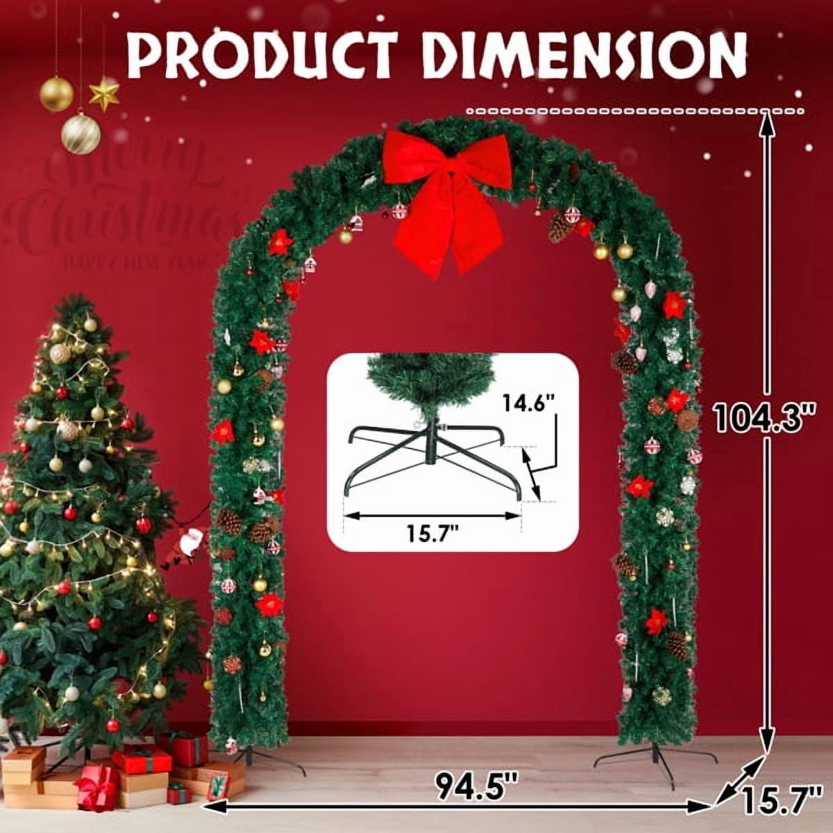 Alvantor 8.7 ft Unlit Artificial Christmas Arch with 1,860 PVC Branch Tips, Ornaments and Steel Stands, Green