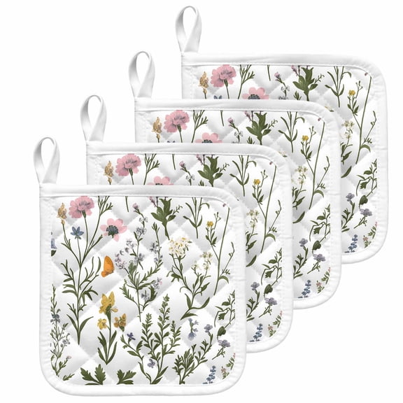 Spring Summer Floral Pot Holders for Kitchen Heatproof Potholder, 4 Pack Farmhouse Botanical Butterflies Hot Pads Multipurpose Oven Pads Cloth Potholders Trivet for Cooking and Baking