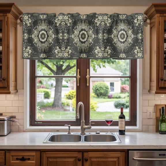 Kitchen Valances for Window, Bohemian Geometric Retro Floral Art Light Filtering Rod Pocket Valance Curtain, Black Green Vintage Flowers Short Curtains Window Topper for Bedroom Living Room 54x18in