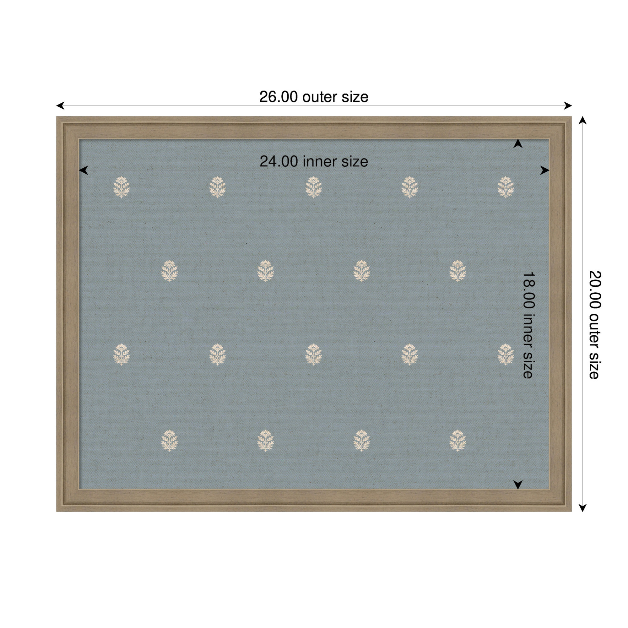 Kate and Laurel Framed Fabric Pinboard 26 x 20, Blue Botanical Block Print Printed Linen Classic Bulletin Board for Use as a Vision Board or Wall Organization, Florence Light Brown Frame