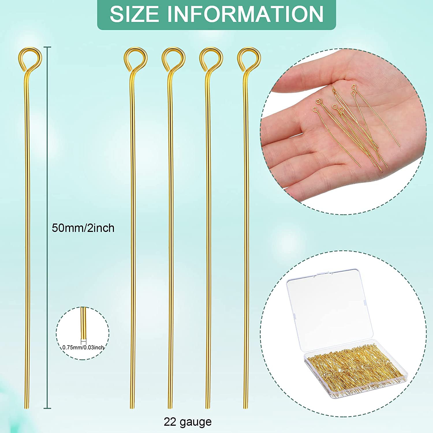 500 Pieces Eye Pins 50 mm Jewelry Making Pin Heads Eye Jewelry Head Pins for Jewelry Making DIY Ball Head Pins for Craft Earring Bracelet Jewelry