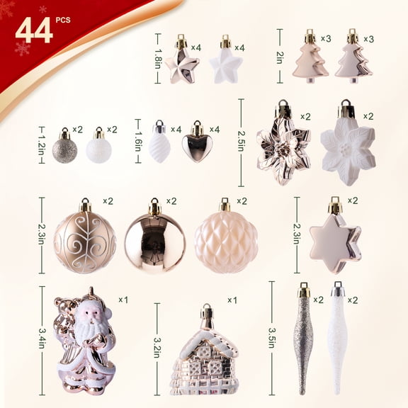 DR.Planzen 44ct Rose Gold & White Christmas Ornaments Set, Assorted 2.36" & 1.18" Embossed Glazed Holiday Balls with Snowflakes & Stars, Trendy Indoor Decor