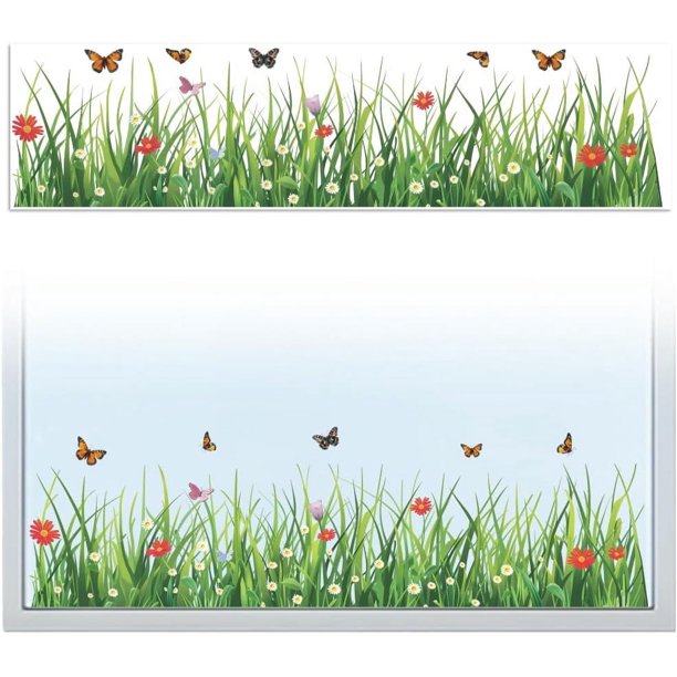 Calcomanía adhesiva estática para ventana de doble cara para ventanas de vidrio grandes, 1 hoja con césped y mariposas, 47,2 x 11,8 pulgadas, calcomanía impermeable y extraíble para ventana para