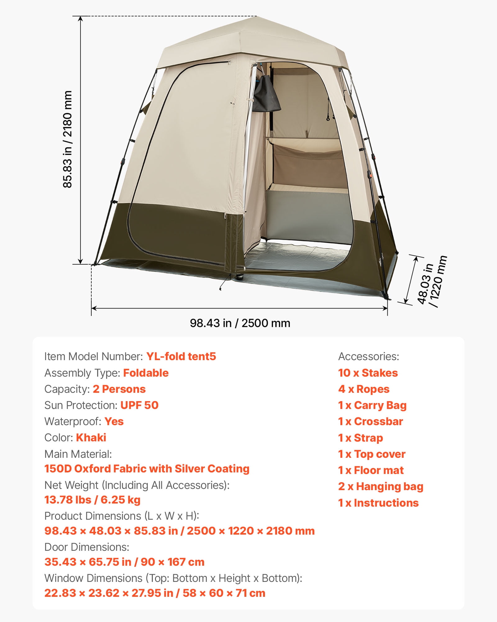 VEVOR Camping Shower Tent, 2-Room Foldable Privacy Tent Changing Room with Ground Stakes, Ropes, Carry Bag, and Crossbar, 150D Oxford Fabric with Silver Coating, for Camping, Beach, and Fishing