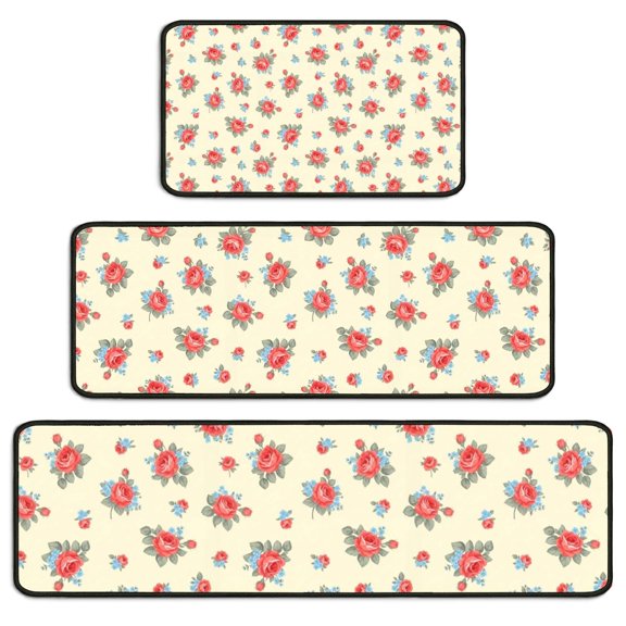 Pioneer Flower Floral Print Pattern Kitchen Rugs Sets Of 3,Kitchen Runner Rugs Non Skid Washable,Decorative Kitchen Floor Mats for Kitchen,Sink,Laundry,17X30 Inch 17X47 Inch 17X59 Inch