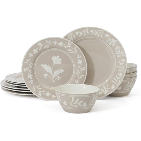 12-Piece Dinnerware Set in Taupe Service for 4 Microwave and Dishwasher Safe Bone China Plates and Bowls