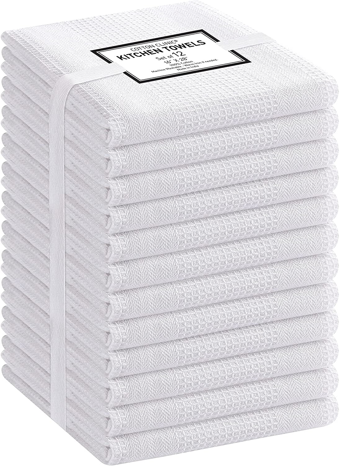Cotton Clinic 12 Pack Waffle Weave Cotton Kitchen Towels 16x28 White