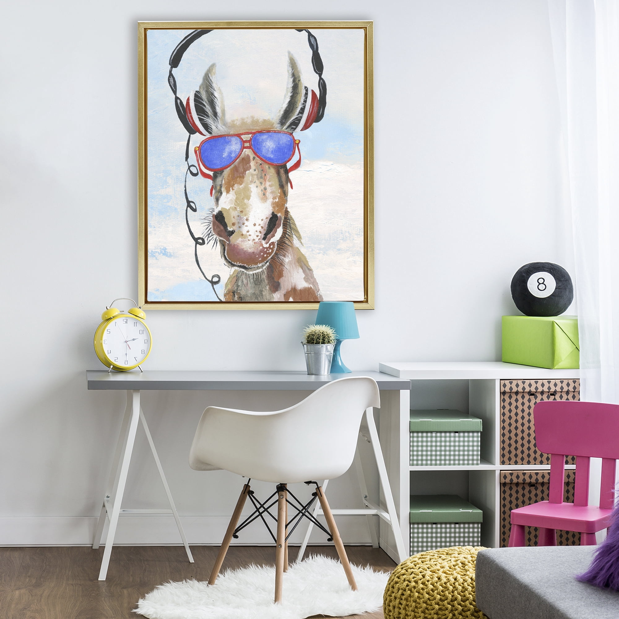 Stupell Industries Donkey Wearing Headphones Gold Framed Floater Canvas Wall Art, design by Janet Tava