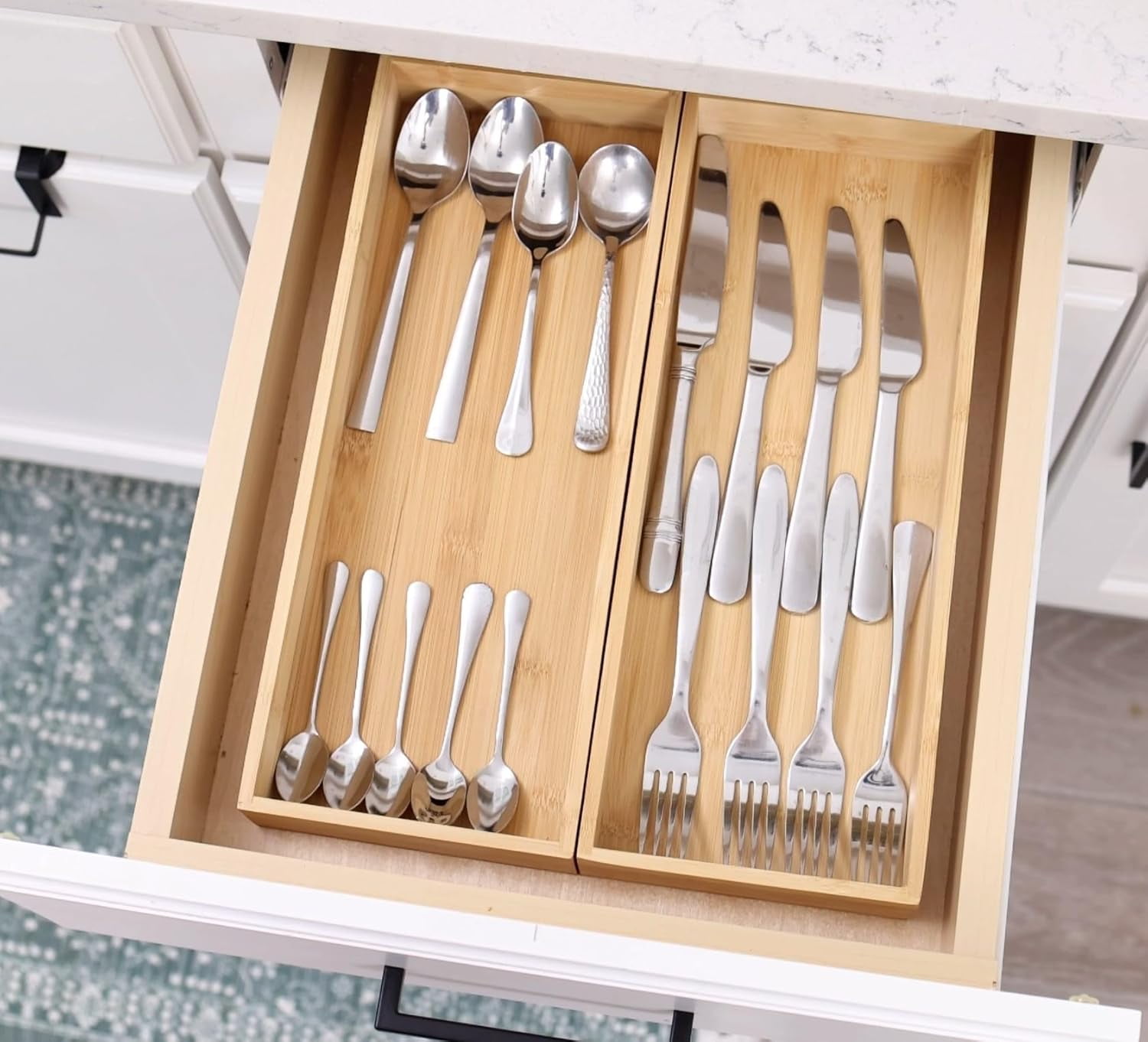 Kitchen Utensil Drawer Organizer, Bamboo Silverware Cutlery Flatware Organizer Bins, Wooden Container Storage Trays for Bathroom Vanity Junk Drawer, 15" x 6" Set of 2